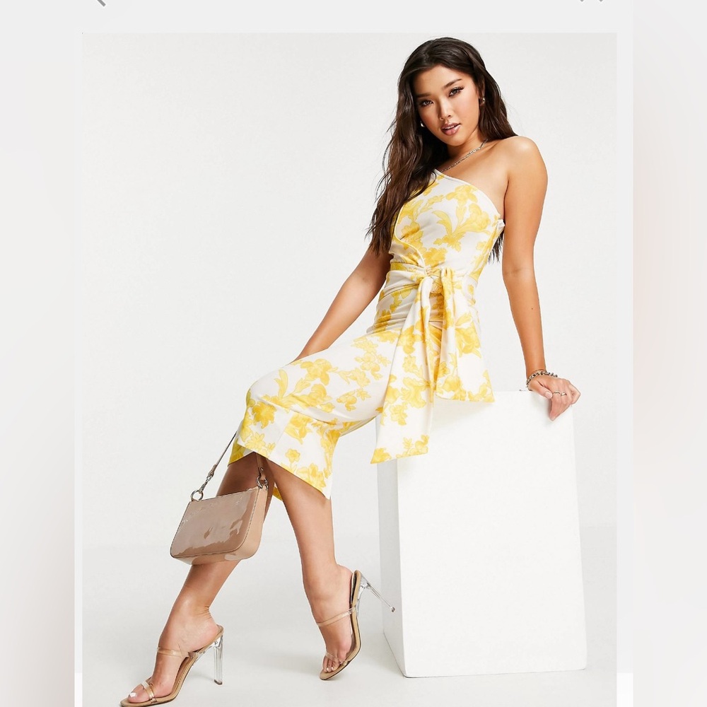 NWT ASOS DESIGN one shoulder belted midi pencil dress in yellow floral print